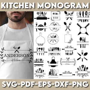May include: A set of 20 black and white kitchen monogram SVG cut files. The designs feature various kitchen utensils, including spatulas, rolling pins, whisks, and spoons. The text "From the Kitchen of" and "Anderson Kitchen" is included in some of the designs.
