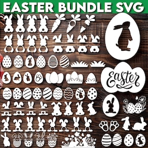 Può includere: Un set di 60 file di taglio SVG di Pasqua in bianco e nero. I design includono coniglietti, uova, fiori e la parola "Easter".