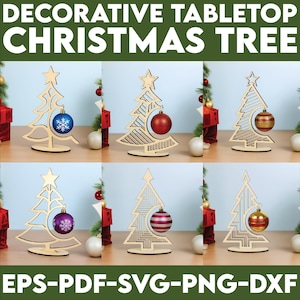 Puede incluir: Árboles de Navidad decorativos de mesa hechos de madera clara, cada uno con un diseño recortado único y una estrella en la parte superior. Cada árbol sostiene una bola de colores. La imagen incluye el texto "DECORATIVE TABLETOP CHRISTMAS TREE" y "EPS-PDF-SVG-PNG-DXF".