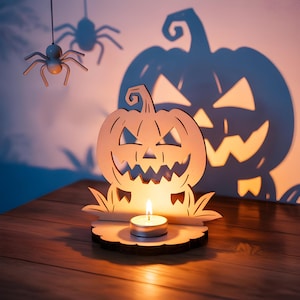 Halloween-teljusdekoration SVG, Halloween-skuggljusstake laserskuren, spökhus, pumpa-teljusstake