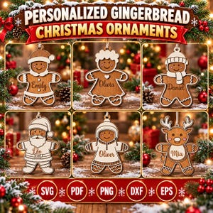 Pode incluir: Seis enfeites de Natal de madeira em forma de boneco de gengibre com detalhes brancos e nomes personalizados: Emily, Olivia, Daniel, Léo, Oliver e Mia. A faixa superior diz Personalized Gingerbread Christmas Ornaments com SVG, PDF, PNG, DXF e EPS.