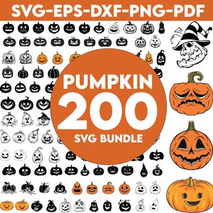 May include: A digital download of 200 pumpkin SVG files for crafting and design projects. The image shows a variety of pumpkin designs, including traditional jack-o'-lanterns, cartoon pumpkins, and whimsical pumpkins with hats.