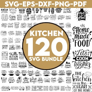 120 Svg de cocina Paquete de Svg de cocina Monograma de cocina Svg Svg de horneado, Svg de cocina Agarradera Svg, Archivos de corte Svg de citas de cocina para Cricut, Dxf