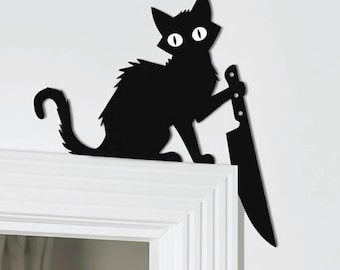 Black Cat with Knife Door Corner Decor SVG + Mirror version, Laser Cutting Files, Halloween Door Trim SVG, DXF, Glowforge Laser Cut File