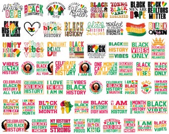 May include: A collection of 36 colorful digital cut files featuring text and images related to Juneteenth. The designs include phrases like "Black History", "Black Lives Matter", "Black Queen", and "I Am Black History".