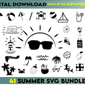 May include: A set of 41 black and white summer themed SVG files. The images include a sun, sunglasses, palm trees, a beach umbrella, a seashell, a lighthouse, a sandcastle, a surfboard, a flip-flop, a swimsuit, a pineapple, a lemon, a wave, a starfish, a crab, a sailboat, a popsicle, a beach bag, a glass of juice, a bucket, a snorkel, a diving mask, a life preserver, a mermaid, a pair of hearts, a coconut with a straw, and an ice cream cone. The text "Sweet Summer" is also included.