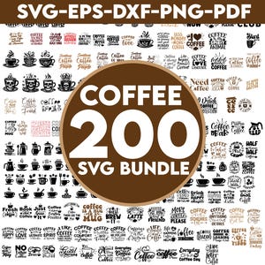 Peut inclure: Un graphique brun et blanc avec le texte "COFFEE 200 SVG BUNDLE" en grande police. Le graphique est entouré d'une grille de 100 petites images en noir et blanc de tasses à café, de grains de café et de texte lié au café.