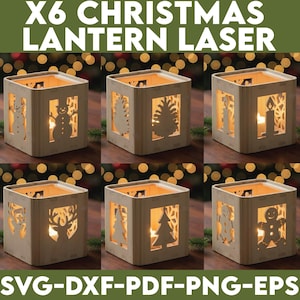 クリスマスランタンレーザーカットテンプレート6枚 | お祝いのクリスマスキャンドルホルダー | DIYノエルティーライトボックスデコレーション、スノーマン、レインボー、キャンドル、ツリー、ランタンDXF