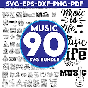 Op de afbeelding: Een digitale download van 90 SVG-bestanden met muziekthema's. De ontwerpen bevatten zinnen als "Muziek is leven", "Muziekliteratuur is belangrijk" en "Maak wat lawaai".