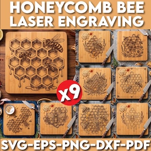 May include: Nine wooden cutting boards with laser-engraved honeycomb and bee designs. The boards feature various bee and honeycomb patterns, with the text "HONEYCOMB BEE LASER ENGRAVING" at the top and "SVG-EPS-PNG-DXF-PDF" at the bottom.