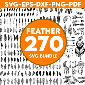 Könnte beinhalten: Eine Sammlung von 270 schwarzen und weißen Feder-SVG-Designs. Die Designs umfassen verschiedene Federformen, -größen und -muster. Das Bild enthält auch Pfeile, Traumfänger und andere Elemente, die von amerikanischen Ureinwohnern inspiriert sind.
