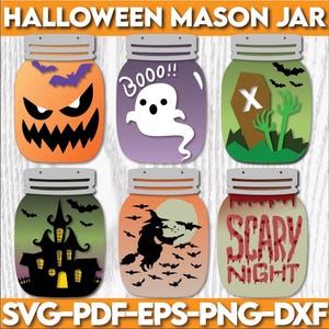 6 Halloween Mason Jar Sign Bundle, DIGITAL download, Door hanger svg, Glowforge laser file, Cricut, Spooky welcome sign svg, Ghost, Pumpkin