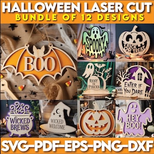 May include: A collection of 12 laser-cut Halloween designs, including a bat with "BOO", a ghost with "SPOOKY", and a pumpkin with "TRICK OR TREAT". Other designs include a witch's hat, a cauldron, and a ghost with "HEY BOO!". The designs are available in SVG, PDF, EPS, PNG, and DXF formats.