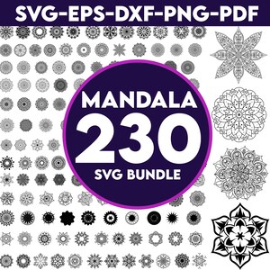 May include: A collection of 230 black and white mandala designs in a digital SVG bundle. The designs are intricate and detailed, perfect for crafting and creating unique projects.