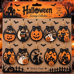 May include: A set of ten Halloween-themed earrings on a display card labelled Halloween Earrings Collection and Spooky Vibes All Year. The earrings feature black and orange designs including pumpkins, cats, ghosts, witches, and haunted houses.