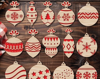 Pode incluir: Doze designs de ornamentos de Natal vermelhos e brancos com vários padrões, incluindo flocos de neve, estrelas e formas geométricas. SVG-EPS-PDF-DXF-PNG.
