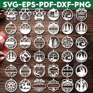 36 Ornamenti personalizzati Decorazioni personalizzate Decorazioni per alberi Palline di decorazione Decorazioni per alberi Regali File tagliati al laser Pacchetto Svg di ornamenti invernali, DXF