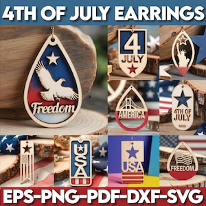 Lot de boucles d'oreilles du 4 juillet SVG, fichier numérique de boucles d'oreilles pour la fête de l'indépendance, fichier de découpe laser SVG coupe & score pour graveurs laser