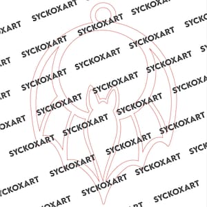 May include: A red outline of a bat with outstretched wings, featuring a detailed body and head. The design includes a circular top for hanging. The text "SYCKOXART" is repeated around the bat's outline.