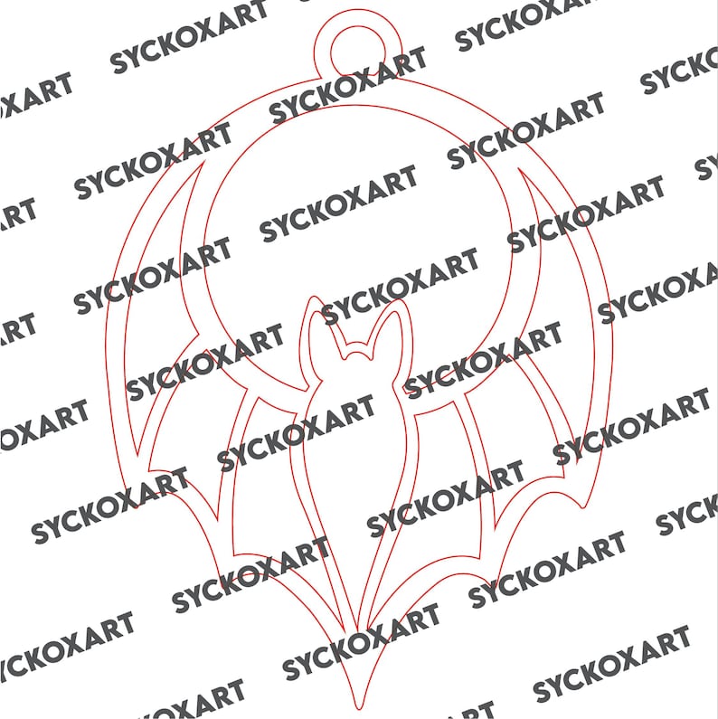 May include: A red outline of a bat with outstretched wings, featuring a detailed body and head. The design includes a circular top for hanging. The text "SYCKOXART" is repeated around the bat's outline.