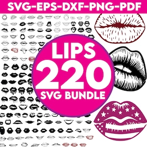 May include: A pink and white graphic with the text "LIPS 220 SVG BUNDLE". The graphic features a variety of black and white lip illustrations, including closed lips, open lips, and lips with teeth. There are also a few red and pink lip illustrations.
