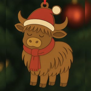 Highland Cow Ornament, Laser Cut File | Christmas Cow SVG | Farm Animal Bauble, Digital Download  3mm Laser Cutting | Rustic Christmas Decor