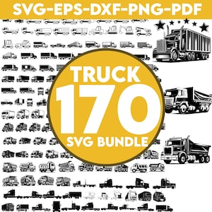 May include: A black and white illustration of a collection of 170 truck SVG designs. The image includes a variety of truck styles, including semi-trucks, dump trucks, flatbed trucks, and more.