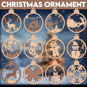 12 Christmas Laser cut SVG, Christmas Decor Svg, Wood Ornaments, Christmas Ornament Svg, Hanging Christmas Globe, Laser Cut File, Glowforge
