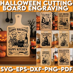Halloween Cutting Board Engraving File, Halloween Cutting Board Svg, Skeleton Charcuterie Board Svg, Kitchen Witch Board Svg, Glowforge Svg