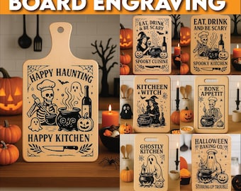 May include: A collection of Halloween-themed wooden cutting boards with engraved designs. The boards feature spooky kitchen themes, including skeletons, witches, and ghosts, along with text like "Happy Haunting" and "Spooky Kitchen." The boards are light brown with black engraved details.