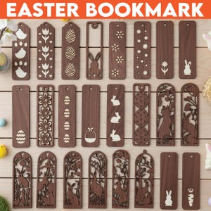 May include: Wooden Easter bookmarks with various designs, including eggs, bunnies, and floral patterns. The bookmarks are brown with white cut-out details. The text "EASTER BOOKMARK" is at the top of the image.