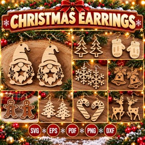 Pode incluir: Uma coleção de brincos de Natal de madeira com vários designs festivos, incluindo gnomos, pinheiros, luvas, flocos de neve, sinos, bonecos de gengibre, bengalas doces e renas. O texto CHRISTMAS EARRINGS é exibido no topo.