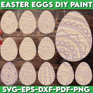 Kit de pintura para hacer 13 huevos de Pascua en formato SVG, archivo cortado con láser para colocar en un estante con huevos de Pascua, SVG con huevos de Pascua en pie, archivo láser de Pascua, SVG Glowforge