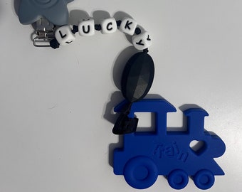 Silicone Personalized Blue Train Pacifier Clip set with pendant