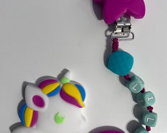 Silicone Personalized Unicorn Pacifier Clip set with pendant