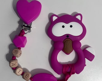 Silicone Personalized Hot Pink Raccoon Pacifier Clip with wooden letters set with pendant