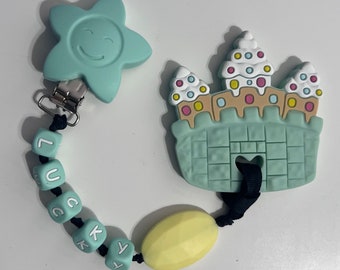 Silicone Personalized Castle Pacifier Clip set with pendant