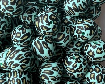 Silicone 12MM Mint Leopard Round Beads | CRAFT SUPPLY | Silicone beads set of 5 | leopard beads