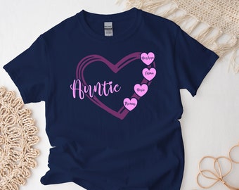 Camisa de tía personalizada, camiseta de tía personalizada, corazón con nombre de sobrino y sobrina, regalo para tía nueva, regalo del Día de la Madre