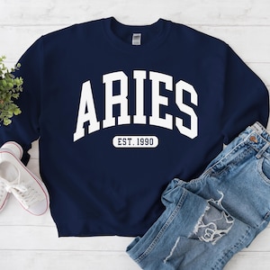 Custom Aries Sweatshirt, Personalized Est Year Sweater, Zodiac, Gift for Aries Birthday