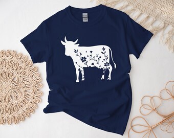 Floral Cow Shirt, Farming Tshirt, Cow Tee, Cow Lover Ranch Farm, Cow and Flower