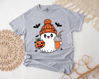 Koszulka z mrożoną kawą Little Ghost, uroczy T-shirt z duchem na Halloween, upiorny prezent dla miłośnika kawy