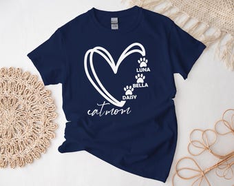 Camiseta personalizada para mamá gata, camiseta personalizada con nombre de gato en forma de corazón, camiseta para mamá gata