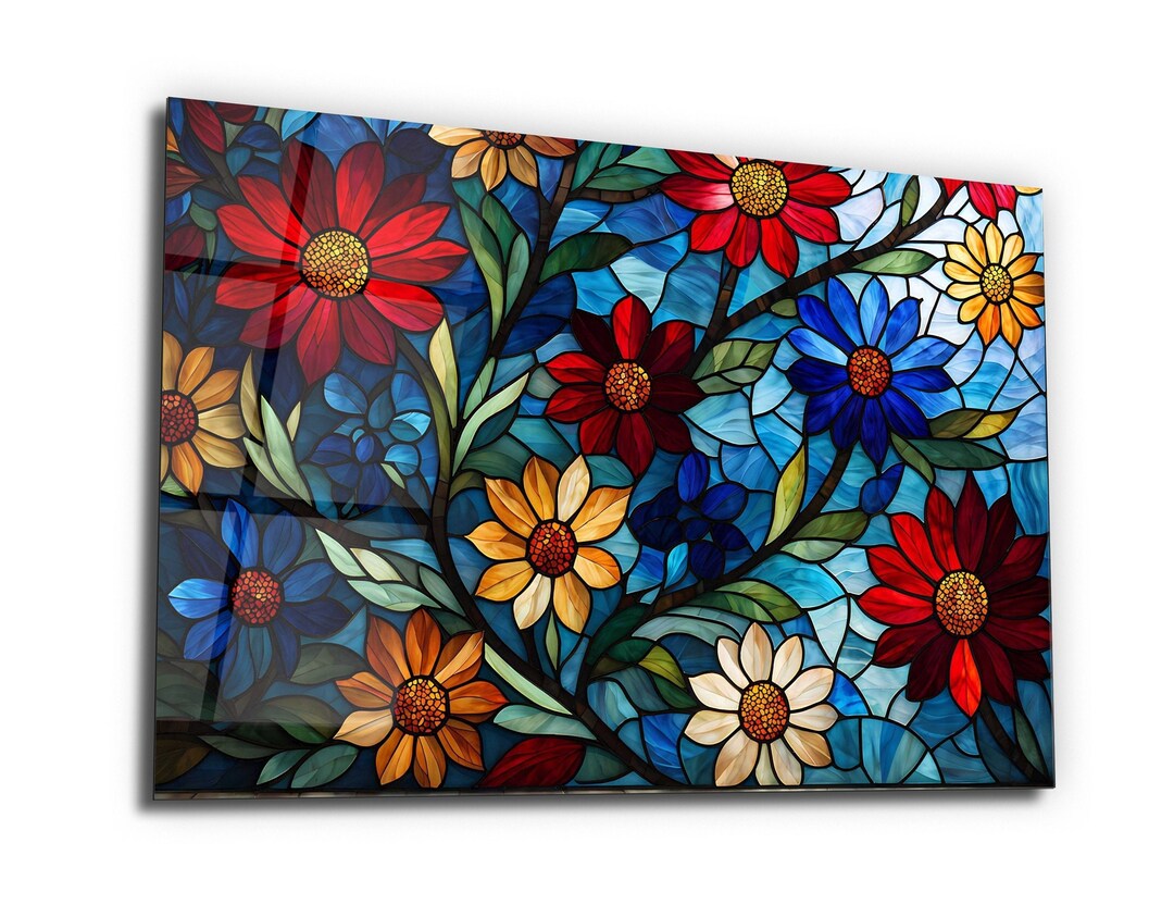 Stained Glass Floral Design Wall Hanging - Vibrant Flowers With Green