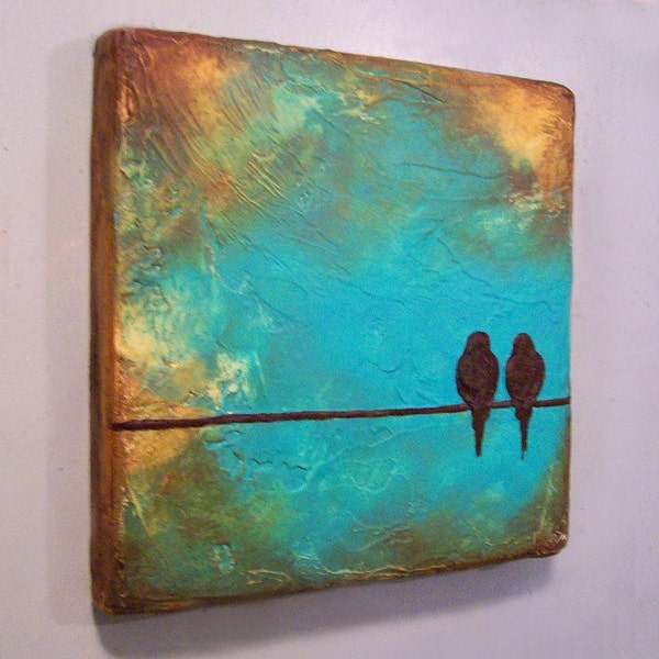 Original Sculpted Painting - Birds on a Wire - Wedding or Anniversary Perfect