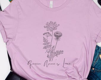 Camiseta de encaje de la Reina Ana: Arte lineal botánico, estilo cottagecore