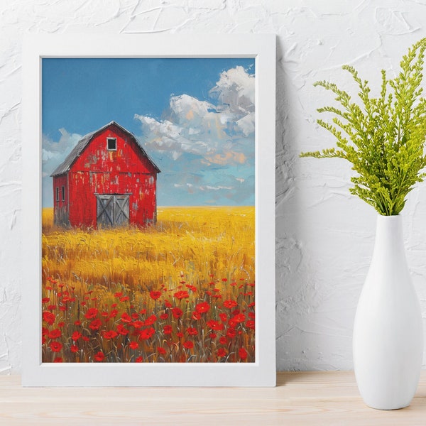 Red Barn with Poppies Art | Painted Farmhouse Barn with California Poppies 9x11 Poster | Modern Wall Art Farm Print for Homestead