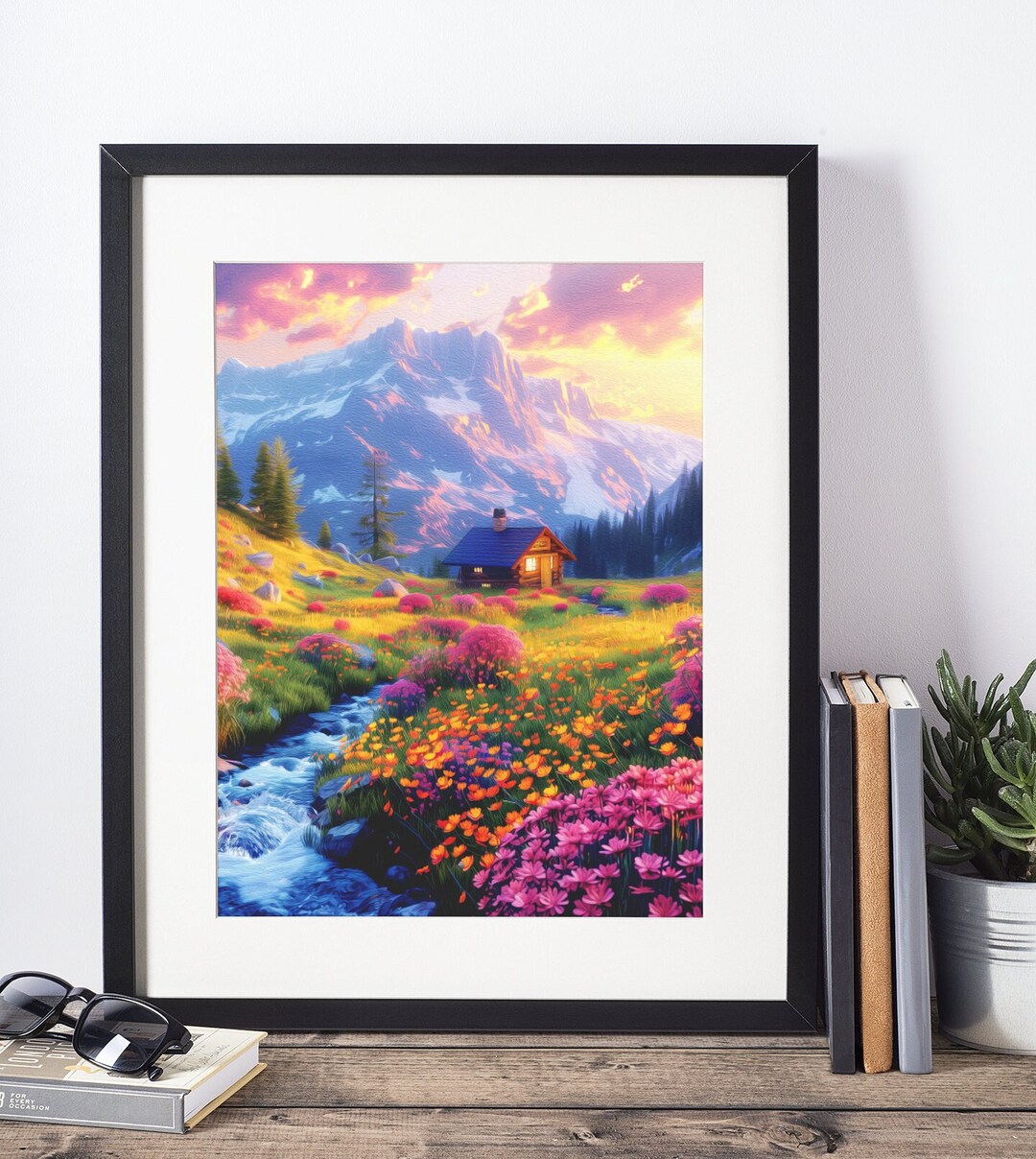 Scenic Mountain Cabin Oil Painting Print Wildflower Meadow 9x11 Poster ...