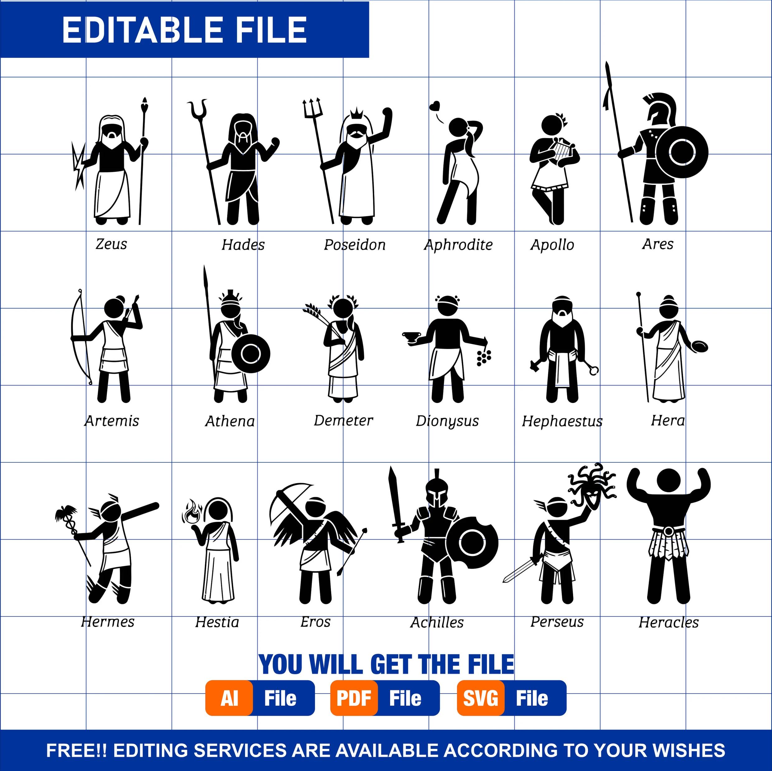 Greek Gods SVG, EPS, Ancient Gods Vector, Zeus PNG, Mythology Silhouette, Gods Set, Olympians Bundle, Fantasy Cartoon, Legend Characters