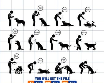 Basic Pet Dog Commands Behavioral Training Trainer Handler Instructor Instructions Hand Signal Obedient School Stick Figure PNG SVG Vector